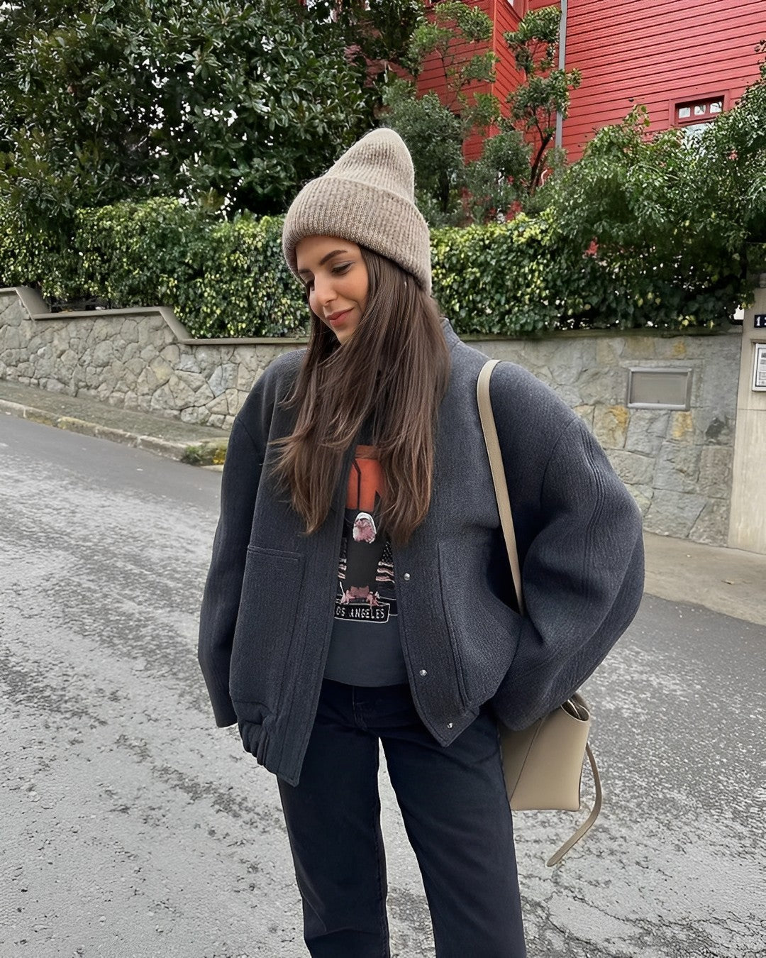 Chic oversized ullblandingsjakke med lommer for kvinner