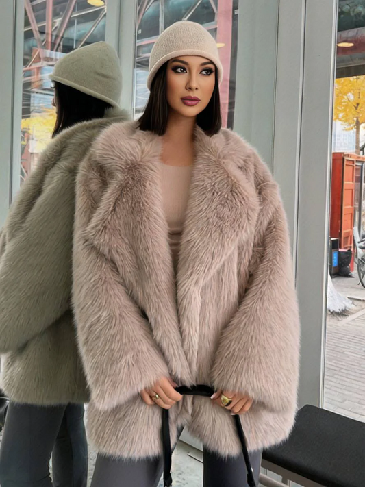 Women’s Coat - Faux Fur - Belted Waist - Notched Lapel Collar