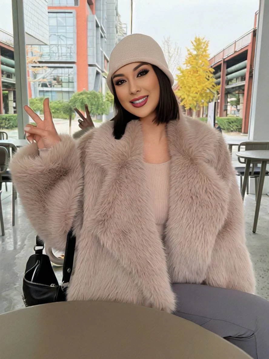 Women’s Coat - Faux Fur - Belted Waist - Notched Lapel Collar