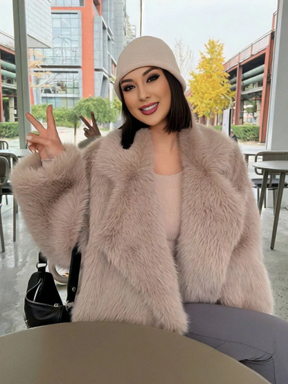 Women’s Coat - Faux Fur - Belted Waist - Notched Lapel Collar