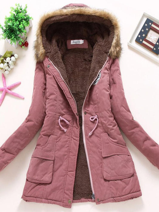 Women's Parka Jacket - Warm Lining - Hood with Fur Trim - Zipper & Buttons - Adjustable Waist