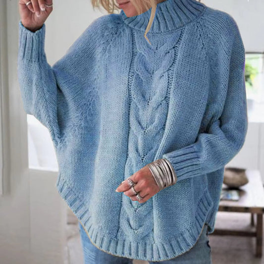 Women's Knitted Sweater - Cable Knit Poncho Design - High Neck - Oversized Fit