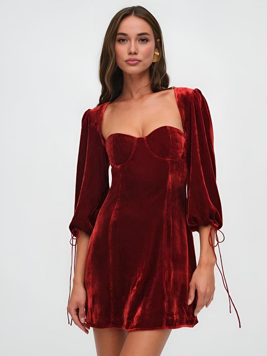 Dress woman – mini length velvet – slim fit – puff sleeves – sweetheart neckline