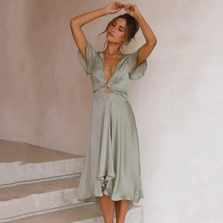 Dress for Women – Midi Length – Twisted Bust – Flattering V-Neck – Luxurious Fabric