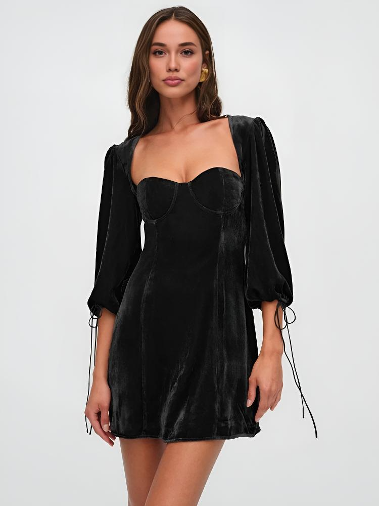 Dress woman – mini length velvet – slim fit – puff sleeves – sweetheart neckline