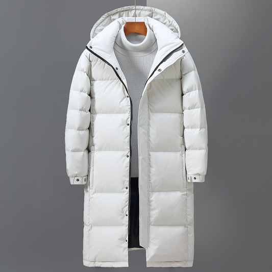Men’s Puffer Coat - Smooth Woven Shell - Relaxed Fit - Maxi Length - Attached Hood
