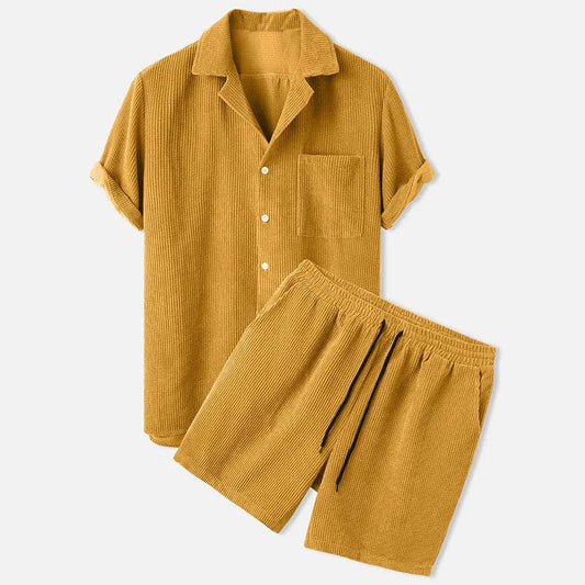Herre Cord-Sett – Kortermet Skjorte med Knappestolpe – Elastisk Shorts med Snøring