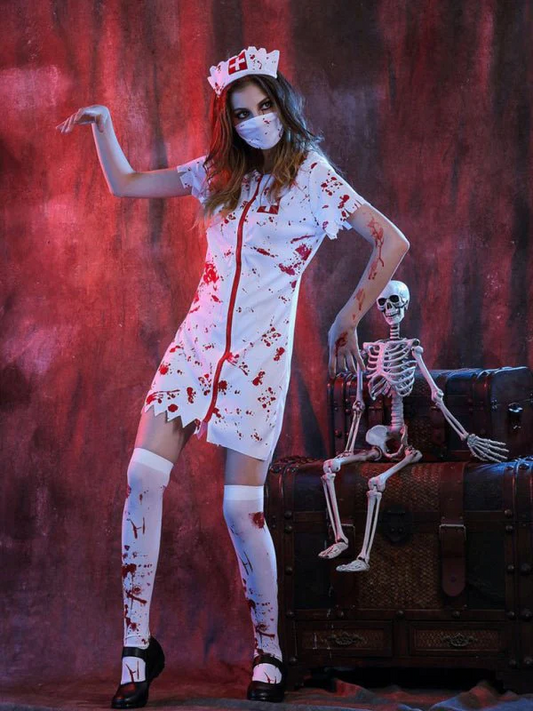 Dress for Women – Mini Costume – Slim Fit – Blood Pattern – Short Sleeve – Front Zipper