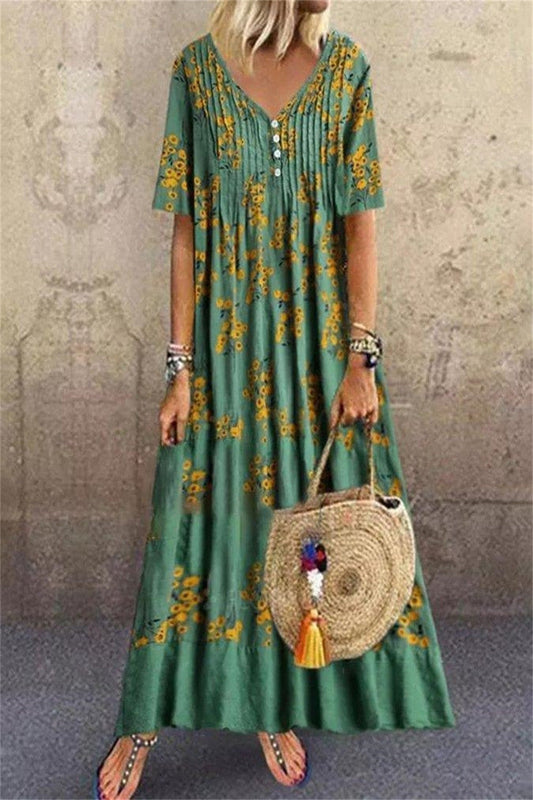 Dress for Women – Maxi – Relaxed Fit – V-Neck – Short Sleeves – Natural Fibers