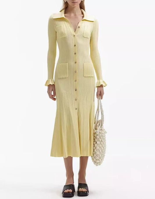 Dress for Women – Ribbed Knit Maxi Dress – Mermaid Shape – Long Sleeves – Shirt Collar