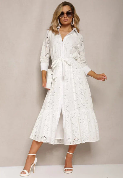 Women's midi dress – Broderie anglaise – Relaxed fit – Belt – Buttons – Collar