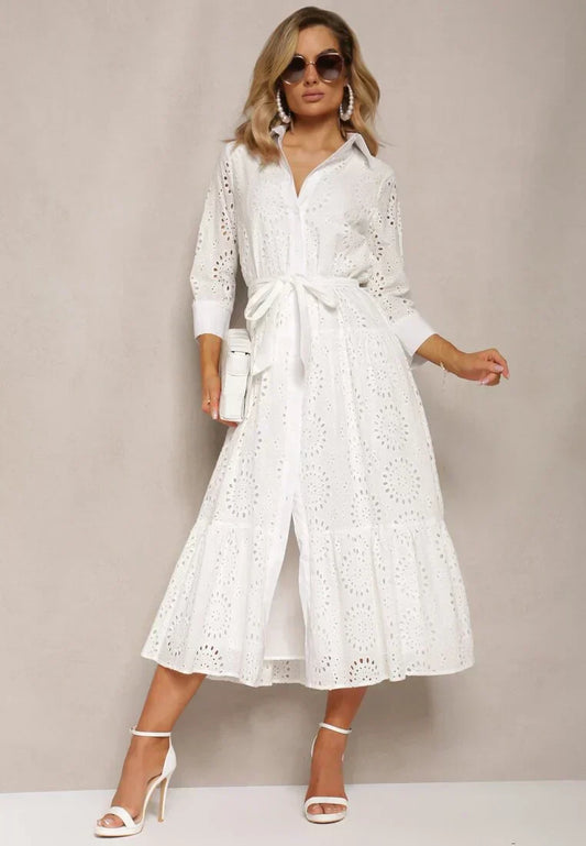Women's midi dress – Broderie anglaise – Relaxed fit – Belt – Buttons – Collar