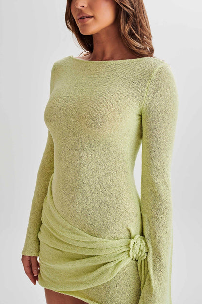 Dress woman – tight-fitting mini dress – textured knit – ruched side – long wide sleeves – high neck