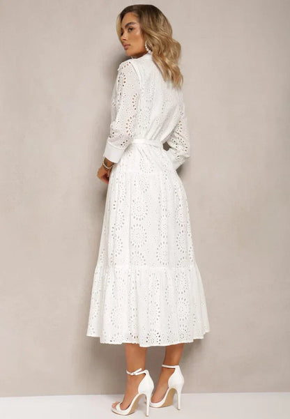 Women's midi dress – Broderie anglaise – Relaxed fit – Belt – Buttons – Collar