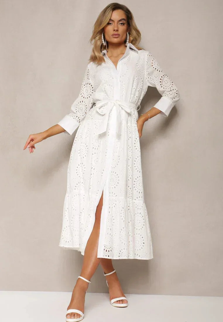 Women's midi dress – Broderie anglaise – Relaxed fit – Belt – Buttons – Collar