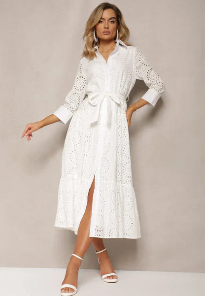 Women's midi dress – Broderie anglaise – Relaxed fit – Belt – Buttons – Collar