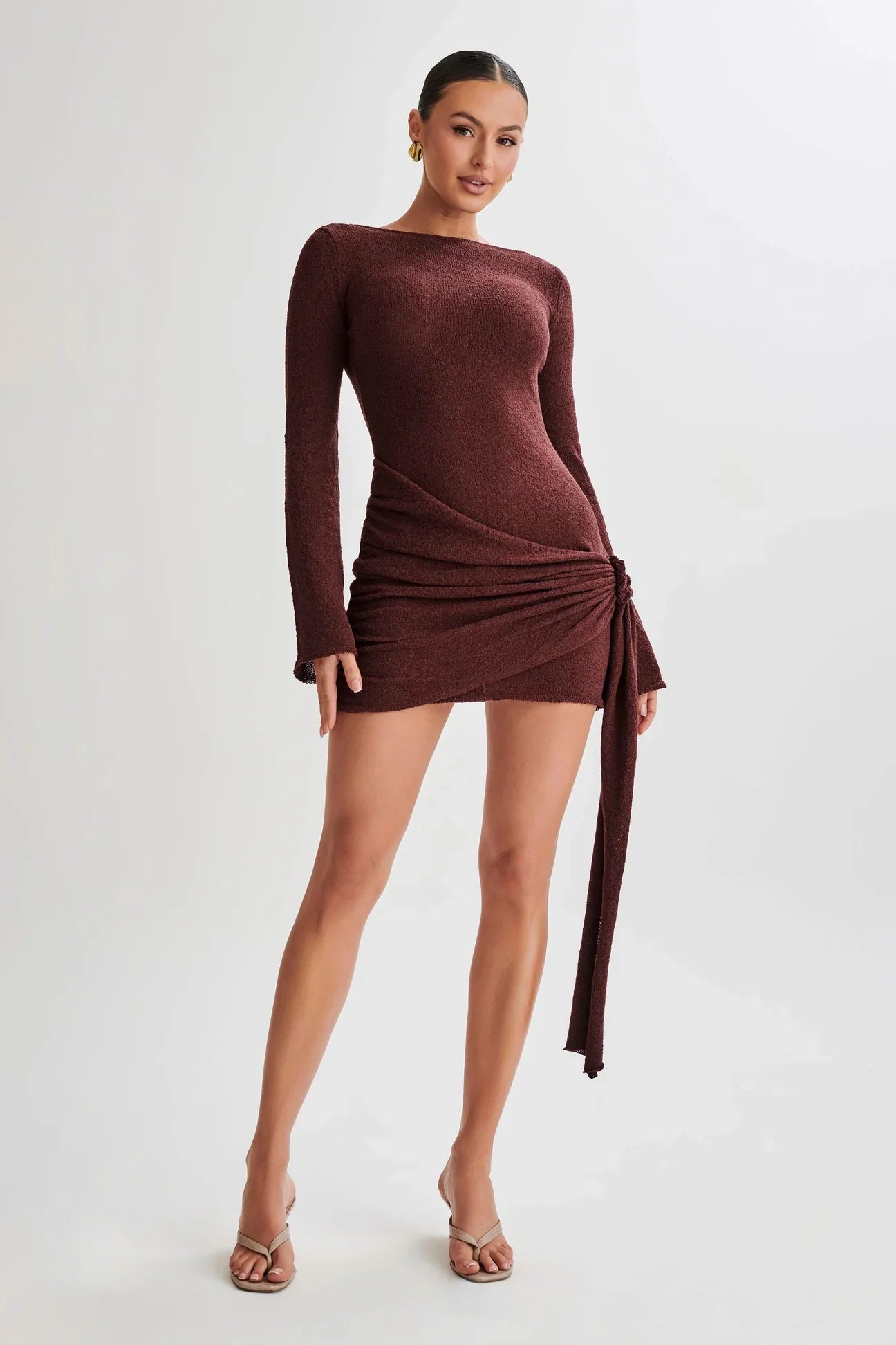 Dress woman – tight-fitting mini dress – textured knit – ruched side – long wide sleeves – high neck