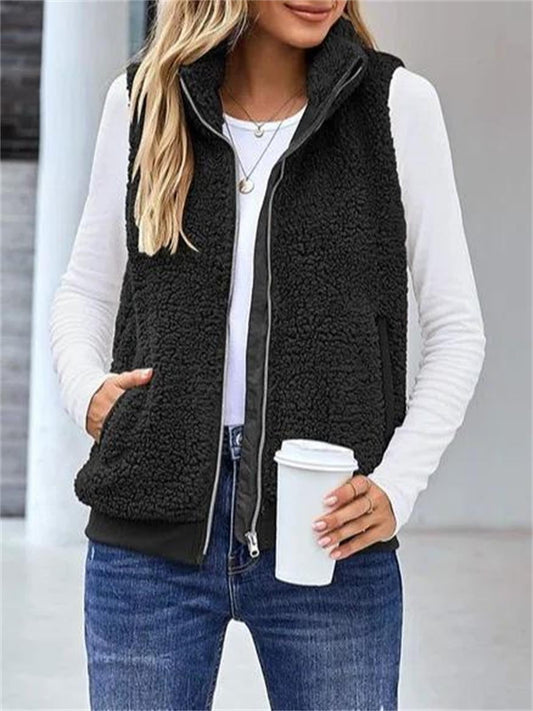 Women's Vest – Soft Teddy Texture – Relaxed Fit – Zipper and High Collar