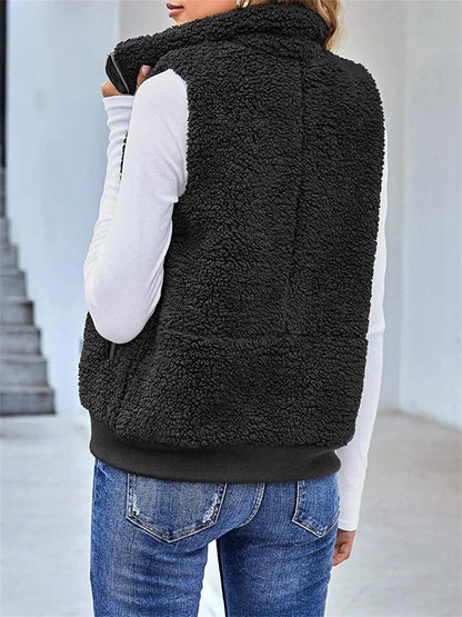 Women's Vest – Soft Teddy Texture – Relaxed Fit – Zipper and High Collar