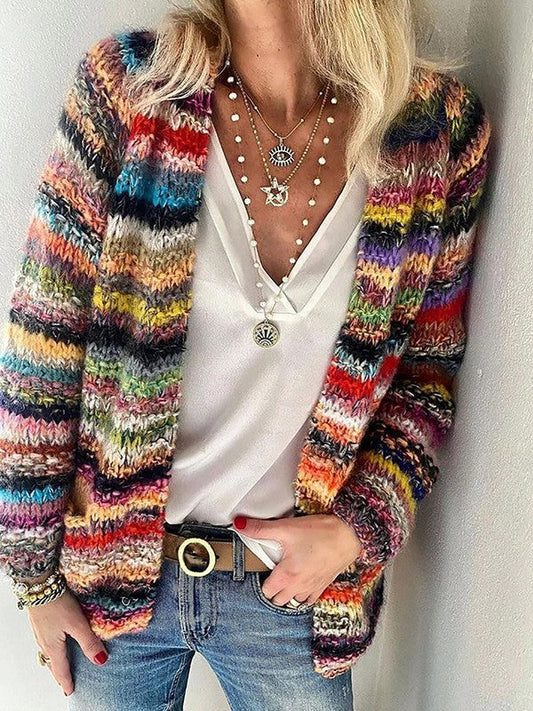 Women's Cardigan – Relaxed Fit – Soft Chunky Knit – Open Front – Striped Design