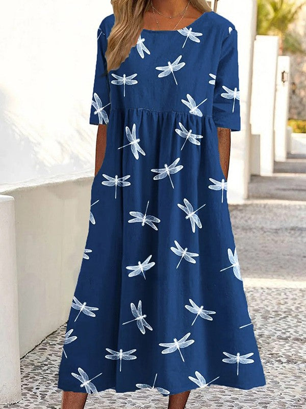 Dress for Women – A-line Fit – Breathable Fabric – Knee-length – Short Sleeve – Dragonfly Pattern