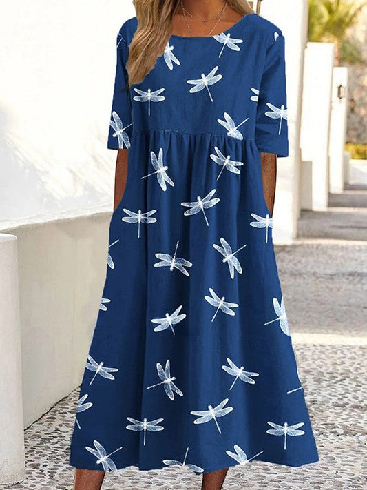 Dress for Women – A-line Fit – Breathable Fabric – Knee-length – Short Sleeve – Dragonfly Pattern