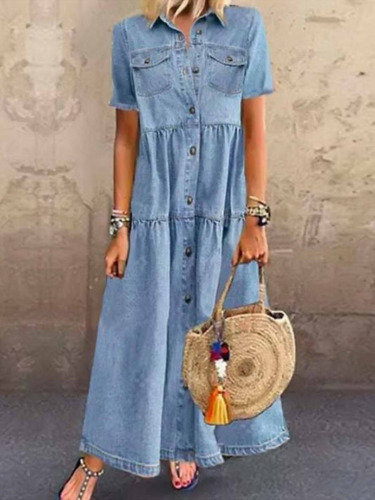 Women's Shirt Dress Maxi – Relaxed Fit – Buttons – Short Sleeves – Chest Pockets