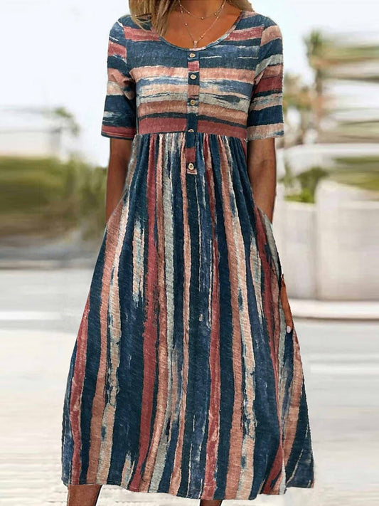 Women's midi dress – Relaxed fit – Striped pattern – Half-length sleeves – Breathable fabric