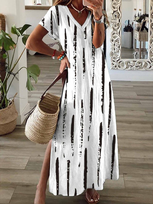 Women's Maxi Dress – Relaxed Fit – V-neck – Short Sleeves – Breathable Fabric