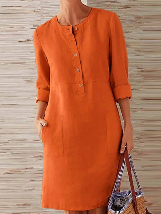 Dress for Women – Relaxed Fit – Knee-Length – Natural Fibers – Large Pockets