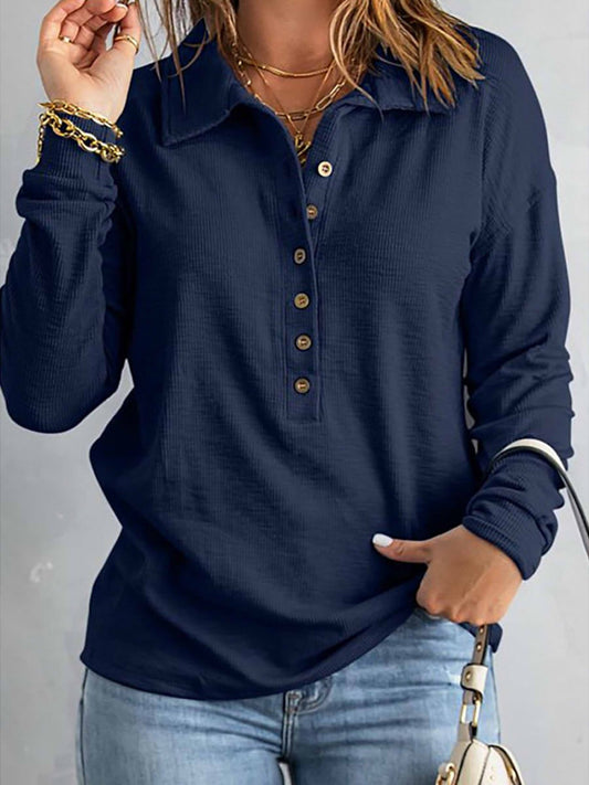 Women's Blouse – Soft Knit – Relaxed Fit – Buttons – Long Sleeves – Casual Style