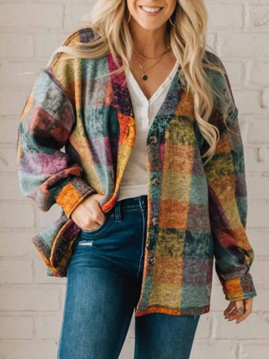 Women's coat – oversized fit – soft fleece – check pattern – button closure