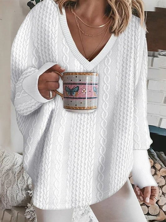 Women's Knitted Sweater – Oversized Fit – V-neck – Cable Knit – Soft Knitted Texture