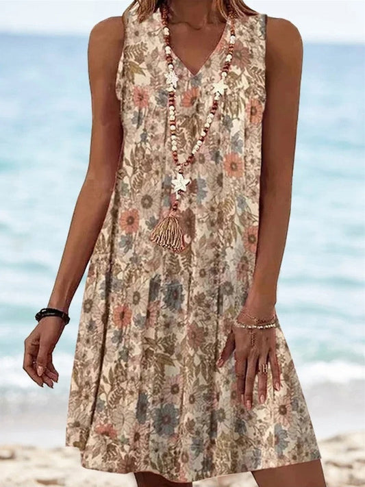 Dress for Women – Short Length – Floral Pattern – V-Neck – Sleeveless – Relaxed Fit – Breathable Fabric
