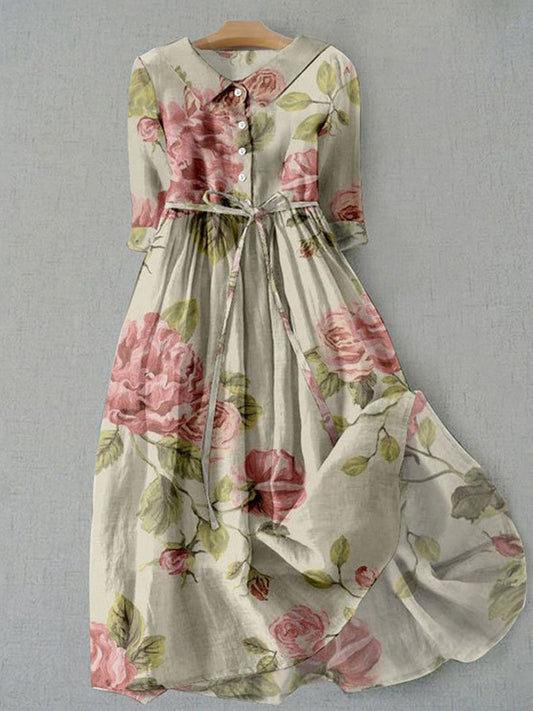 Dress women midi – vintage floral pattern – belt at the waist – 3/4 sleeves – breathable fabric