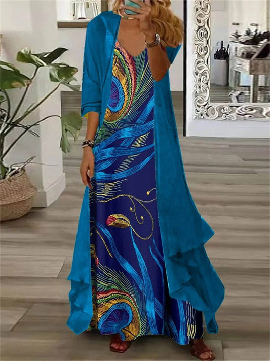 Women's Maxi Dress – Relaxed Fit – V-neck – Long-sleeved – Two-piece with Pattern