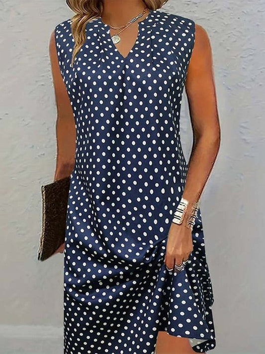 Dress for Women – Sleeveless Midi Dress – A-Line – Polka Dot Pattern – Breathable Fabric