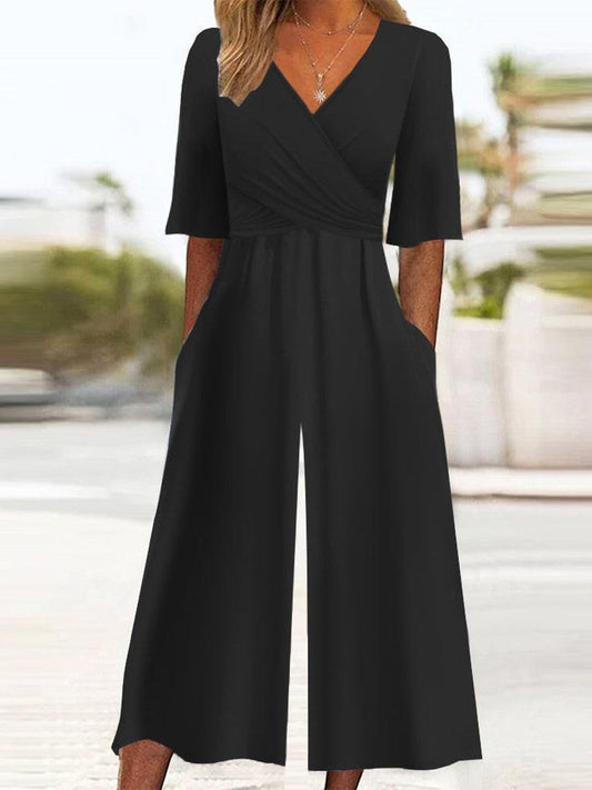 Women's jumpsuit – relaxed fit – wrap V-neck – half sleeve – breathable fabric – pockets