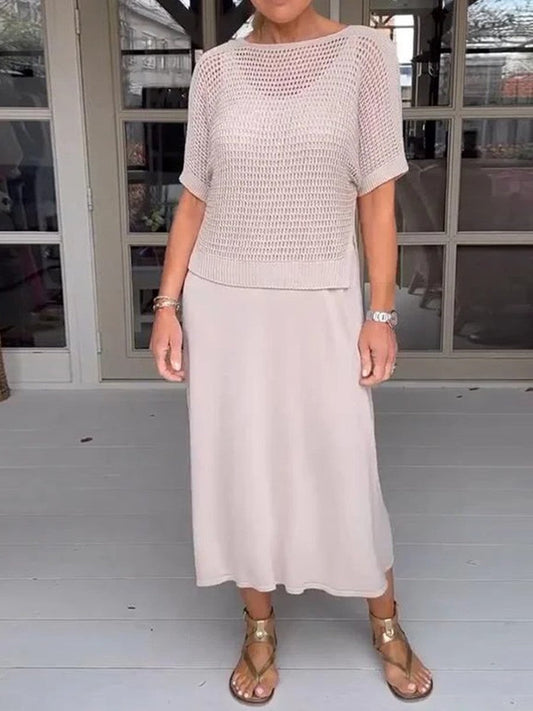 Women's Set with Pinafore Dress – Relaxed Fit – Soft Knit Blouse – Midi Length