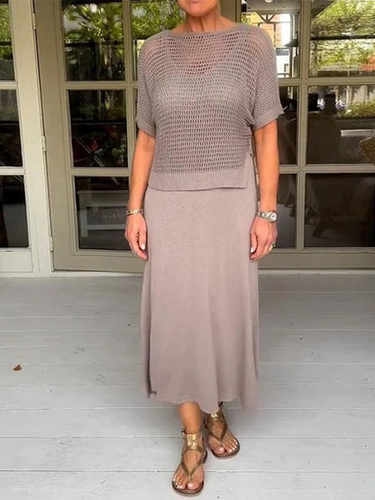 Women's Set with Pinafore Dress – Relaxed Fit – Soft Knit Blouse – Midi Length