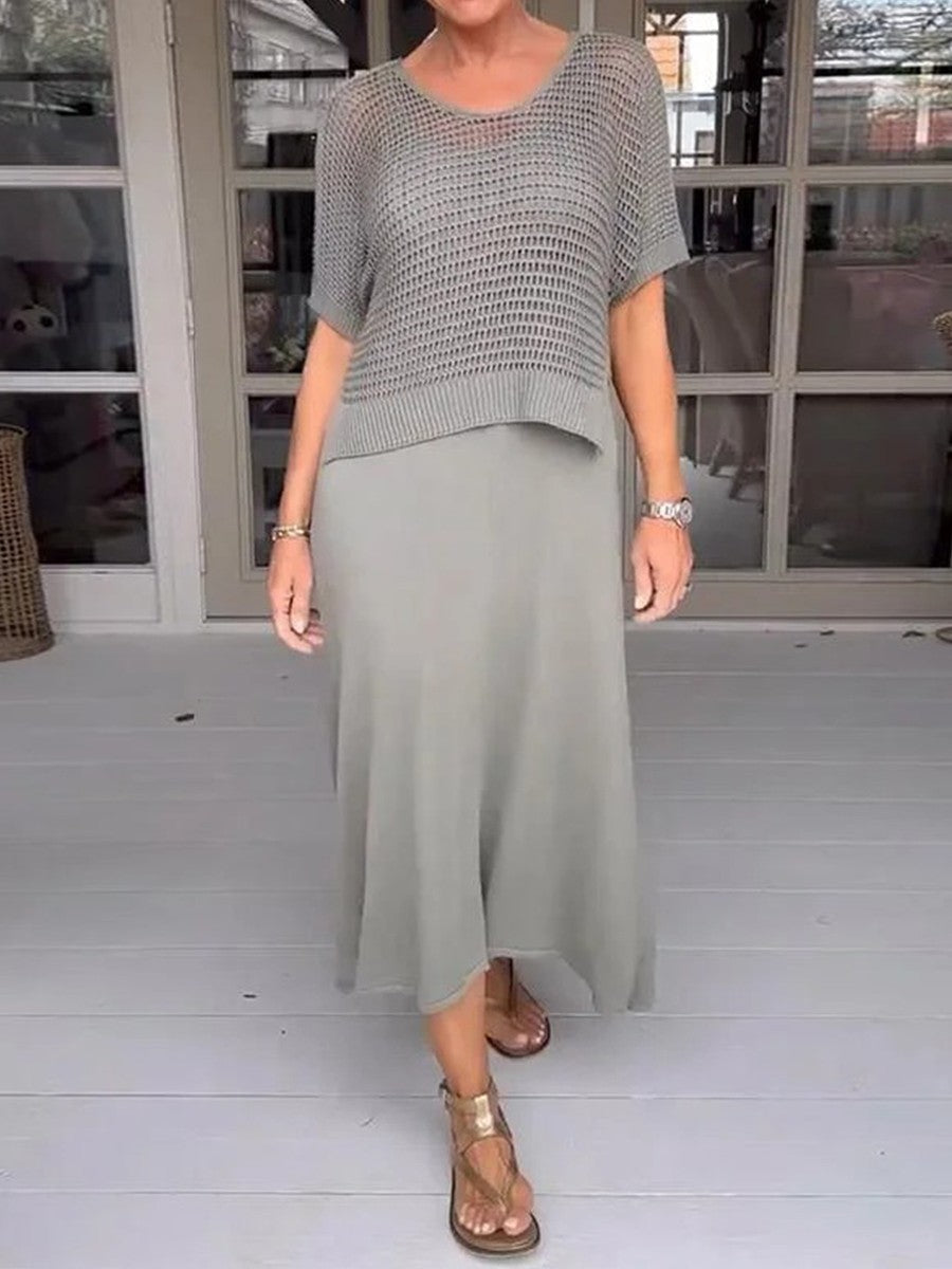 Women's Set with Pinafore Dress – Relaxed Fit – Soft Knit Blouse – Midi Length