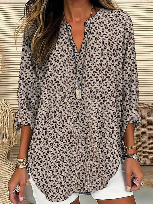 Women's Blouse – Loose Fit – V-Neck – Long Sleeves – Geometric Pattern – Breathable Fabric