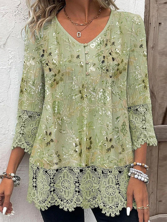 Women's Blouse in Lace – Relaxed Fit – V-Neckline – 3/4 Sleeves – Floral Details