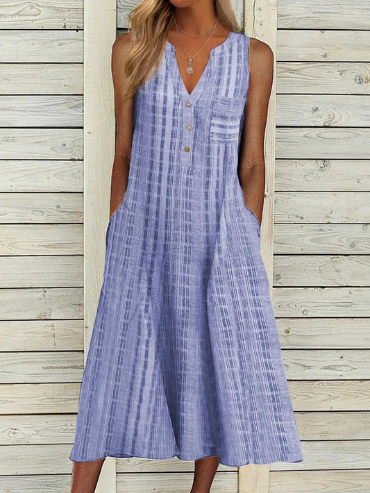 Dress for Women – A-line Fit – Breathable Fabric – V-neck – Midi – Buttons – Pockets