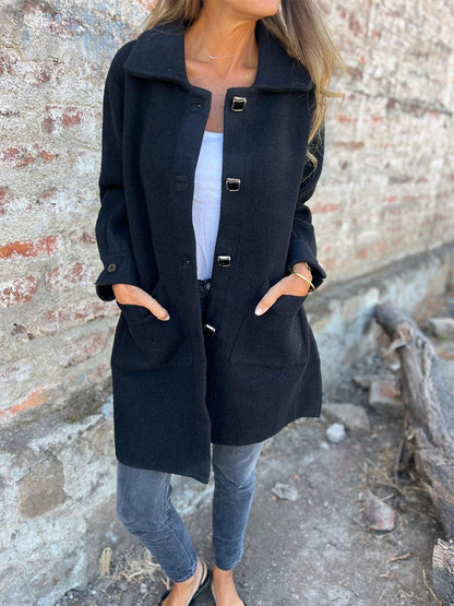 Women's Long Coat – Tailored Fit – Luxurious Fabric – Large Buttons