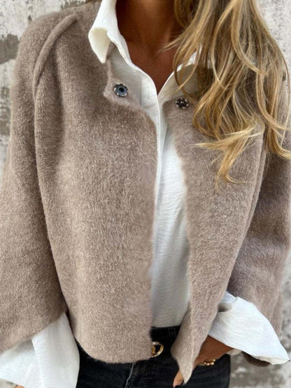Women's Coat – Relaxed Fit – Soft Wool Texture – Round Neck – Button Front – Short Length
