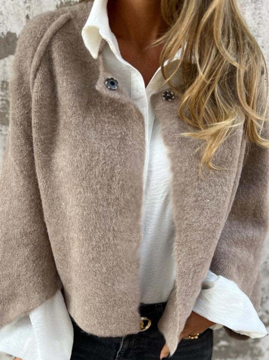Women's Coat – Relaxed Fit – Soft Wool Texture – Round Neck – Button Front – Short Length