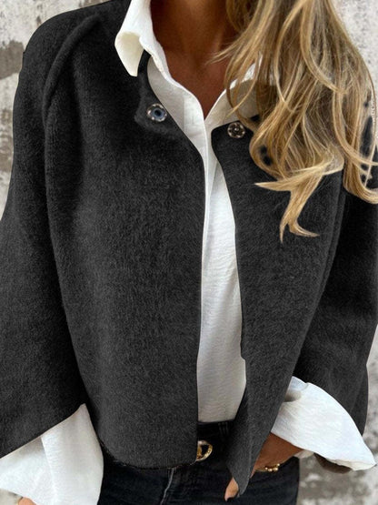 Women's Coat – Relaxed Fit – Soft Wool Texture – Round Neck – Button Front – Short Length