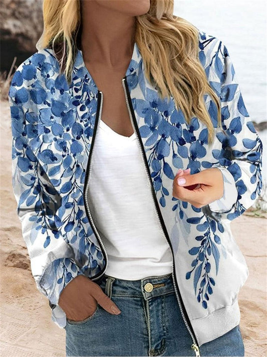 Women's Jacket – Relaxed Fit – Breathable Fabric – Leaf Print – Zipper Closure