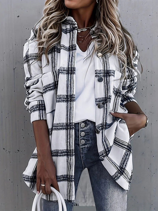 Women's Jacket – Oversized Fit – Checkered Pattern – Breathable Fabric – Buttons – Medium Length